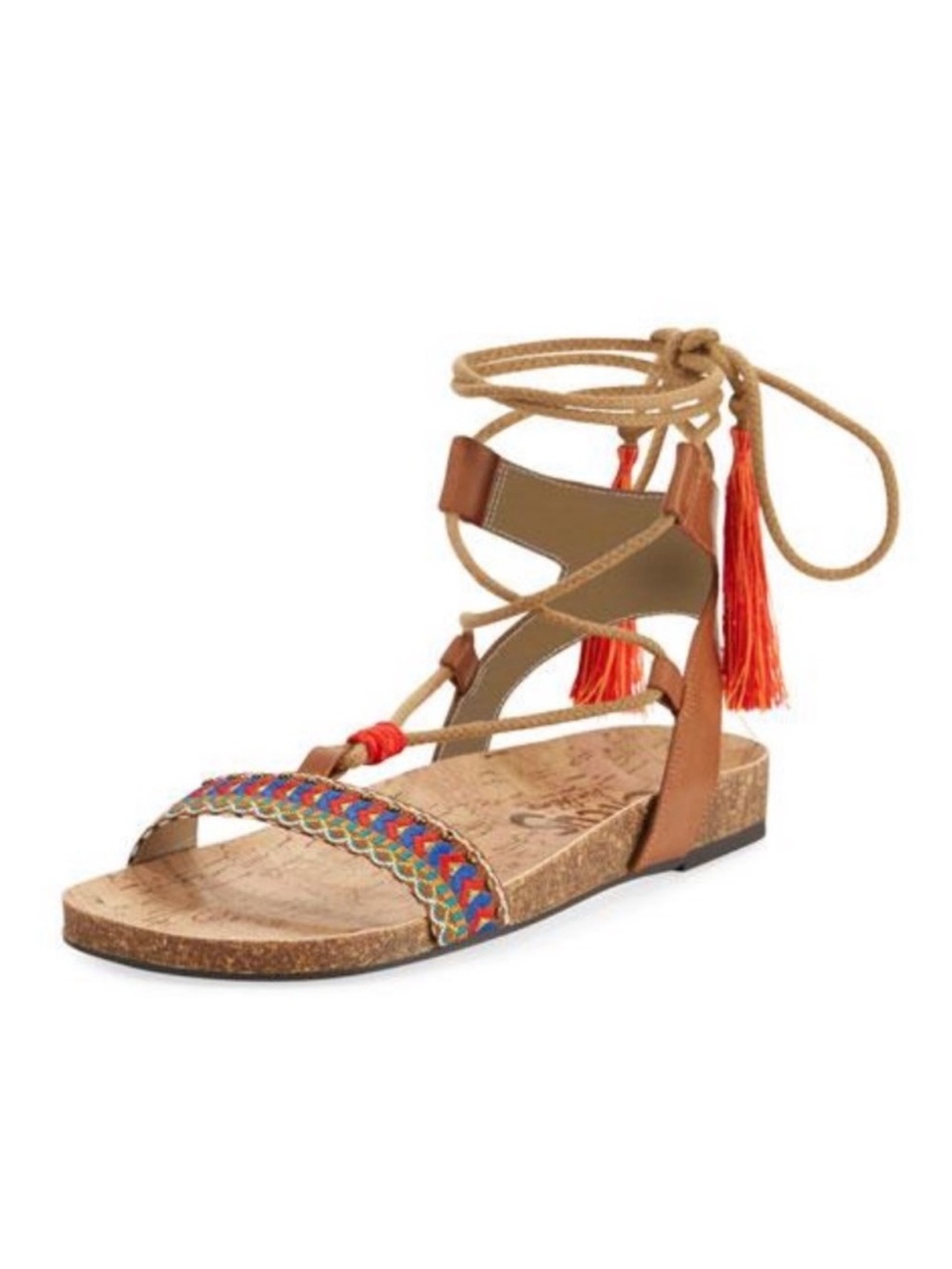 Sam Edelman Circus Multicolor Embroidered Cork Lace-Up Sandals with Tan Laces